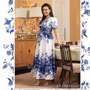 ANTONIO MELANI White and Blue Floral Maxi Dress with Tie Waist